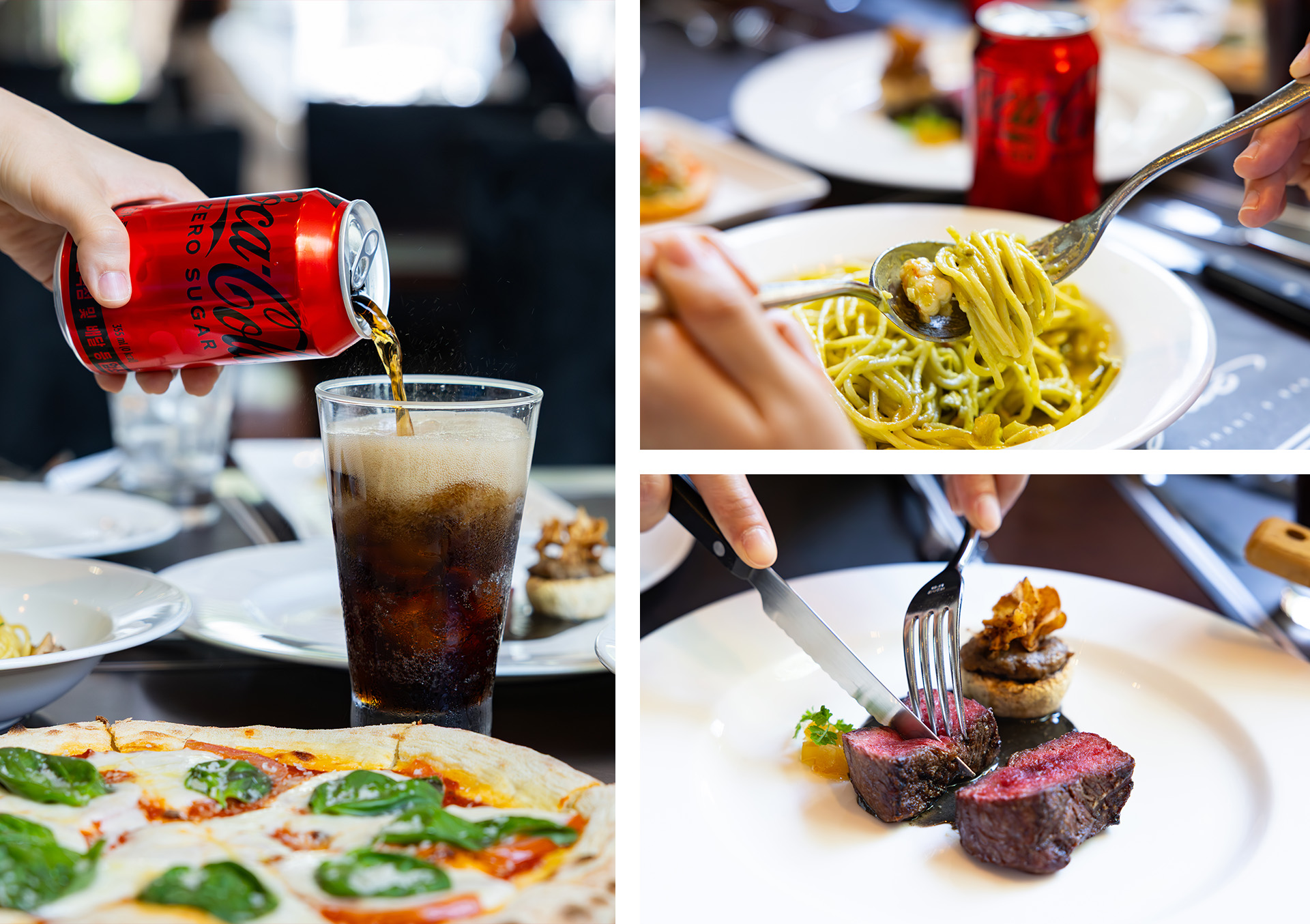 삼성동 레드리본 맛집, 그란구스또의 대표메뉴와 코카-콜라 제로를 함께 즐기고 있는 사진