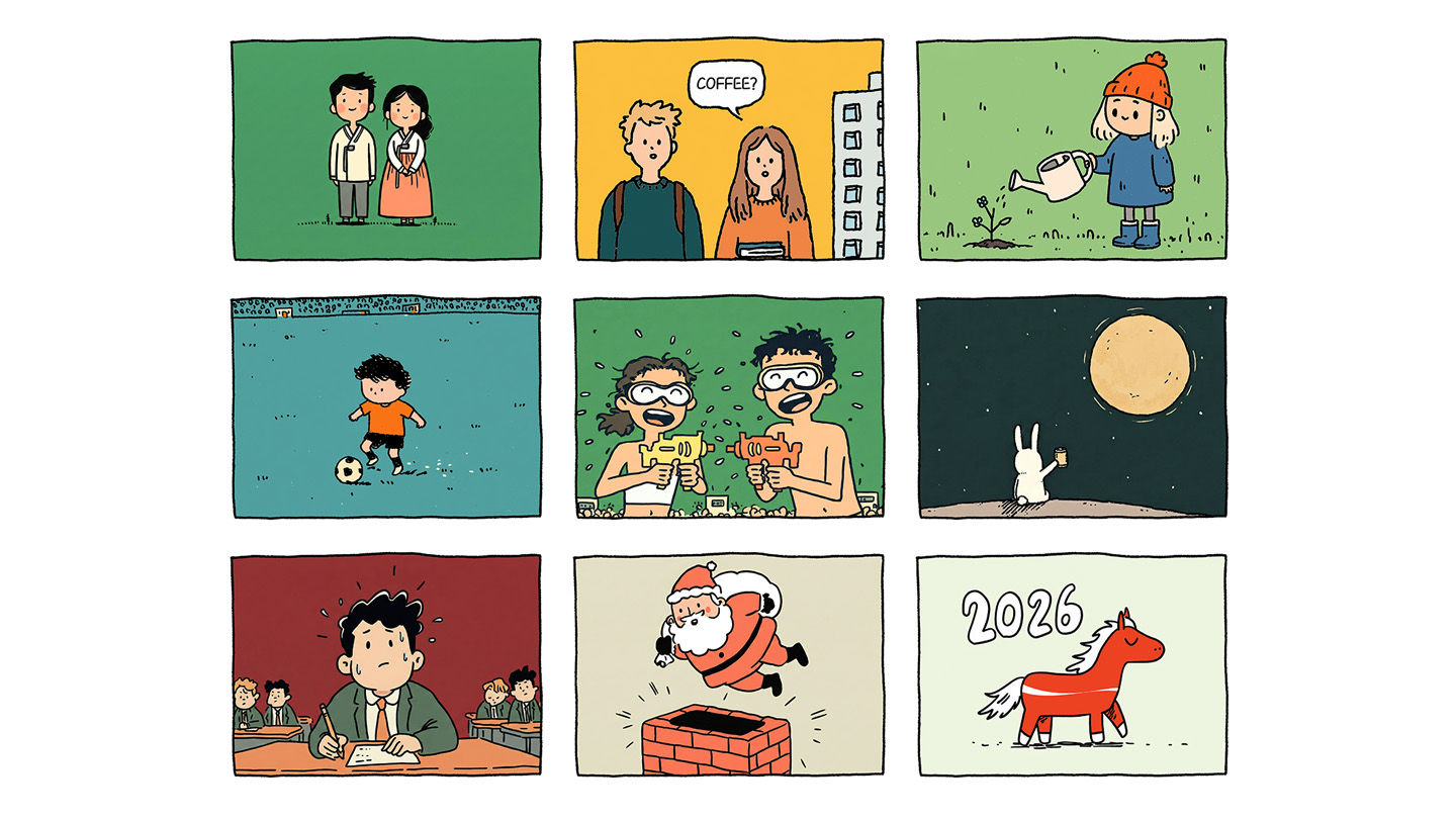 한 해의 주요 기념일을 일러스트로 표현한 이미지로, 설날, 개강, 여름 페스티벌 등 계절감 있는 장면들이 담겨 있다.