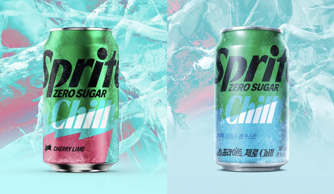 스프라이트 제로 칠의 미국 버전과 한국 버전 캔으로, 체리 라임향과 아이스 블라스트를 나란히 보여주는 이미지