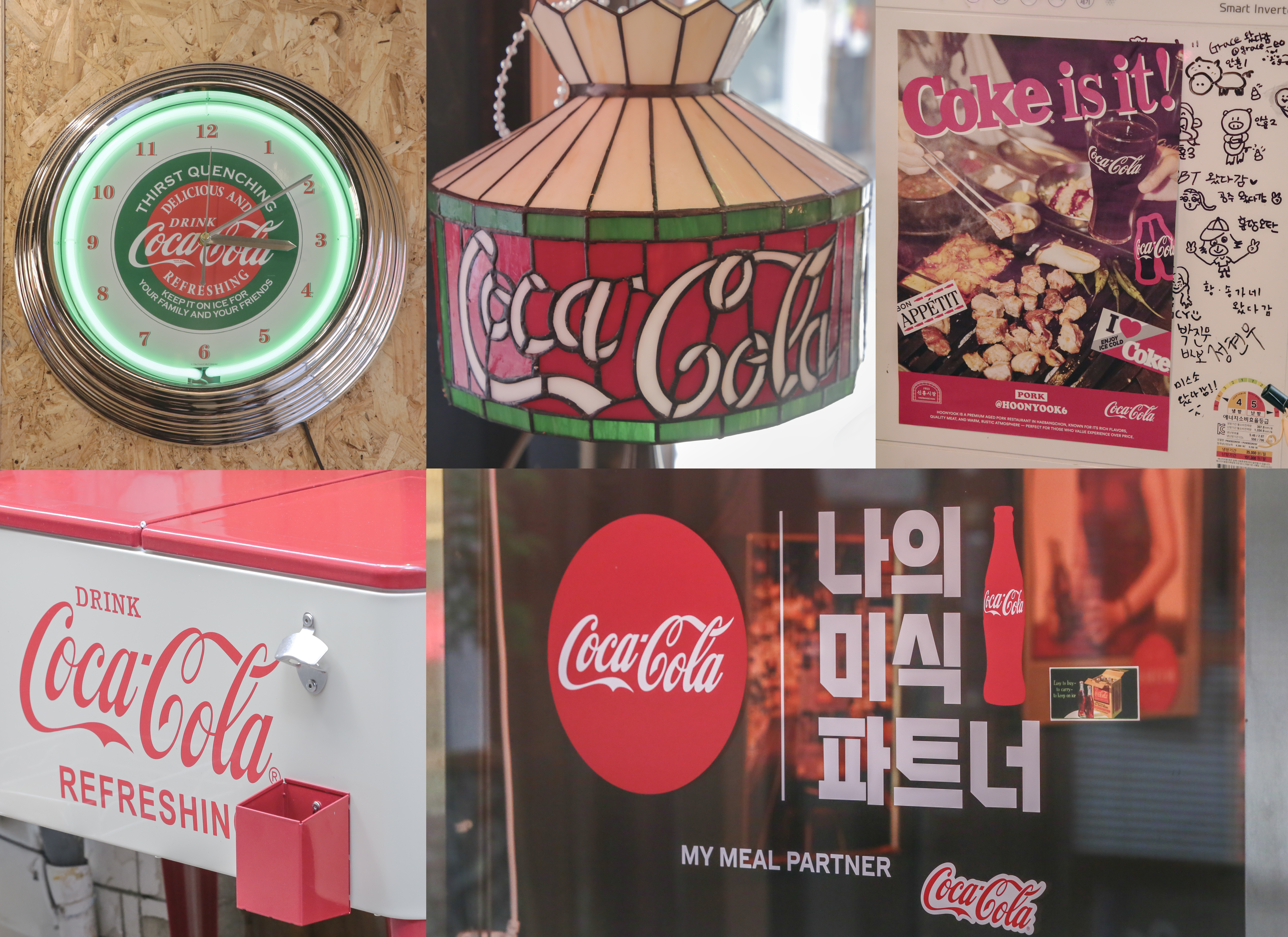 코카-콜라 시계, 조명, 포스터, 스티커 등 신흥시장 식당 내 다양한 코카-콜라 인테리어 소품들