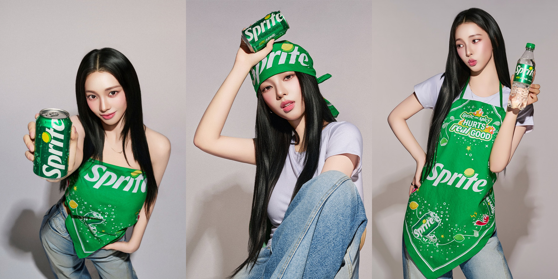 스프라이트 반다나 앞치마로 다양한 스타일링을 보여주는 카리나. 앞치마로, 반다나로 패셔너블하게 활용하고 있는 모습