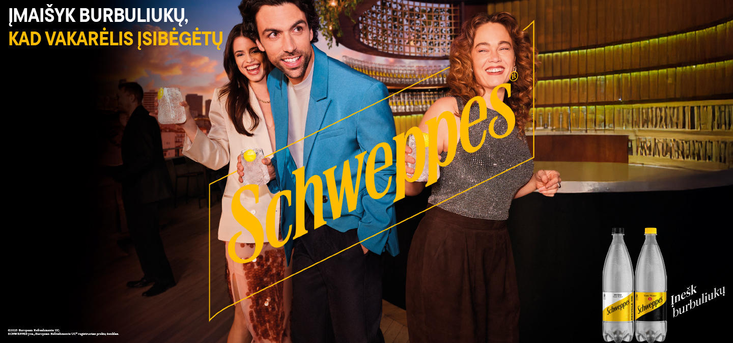 Schweppes reklama su vakarėlio scena ir šūkiu