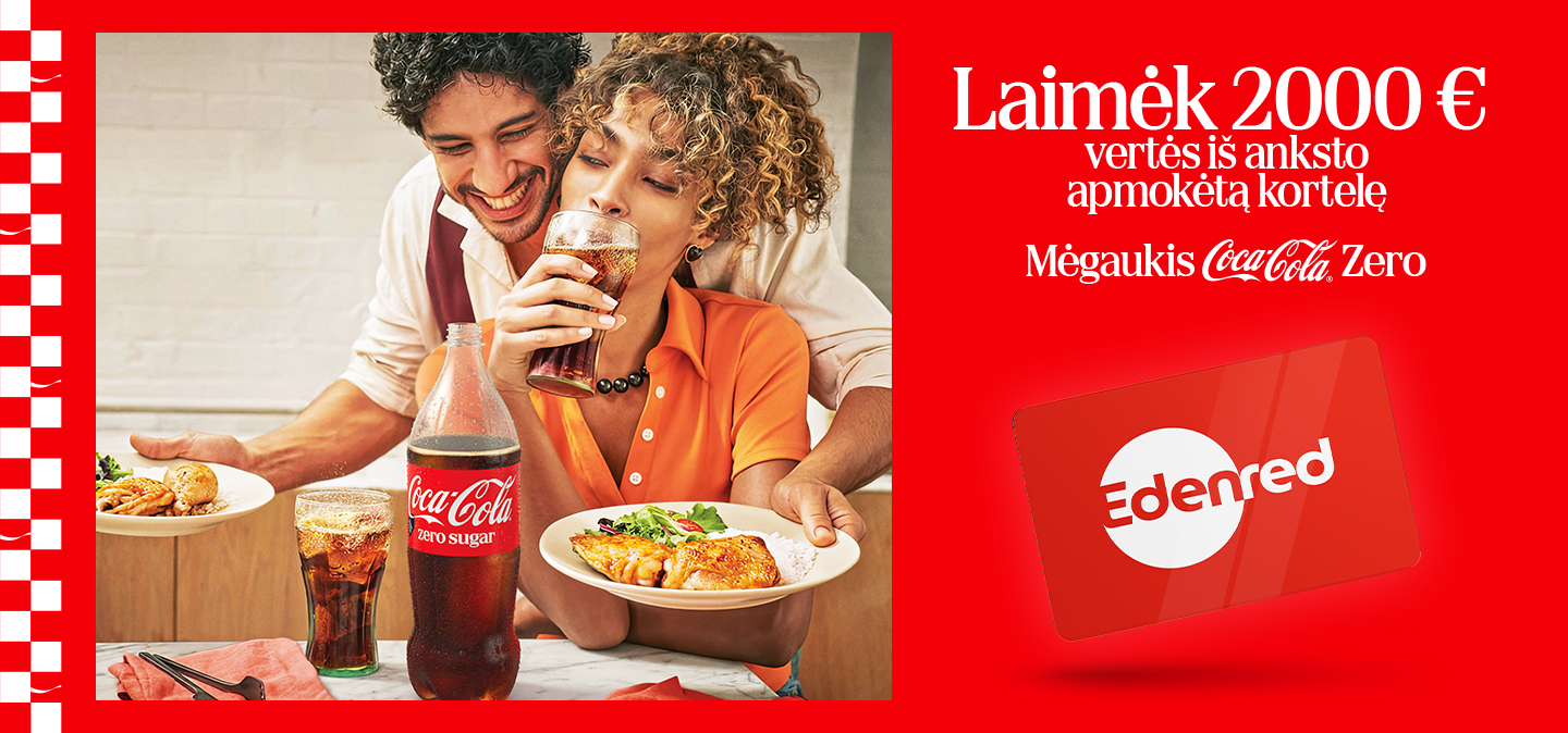Pora mėgaujasi maistu ir Coca-Cola Zero gėrimu. Įsigyk Coca-Cola Zero ir laimėk 2000 € vertės iš anksto apmokėtą kortelę.