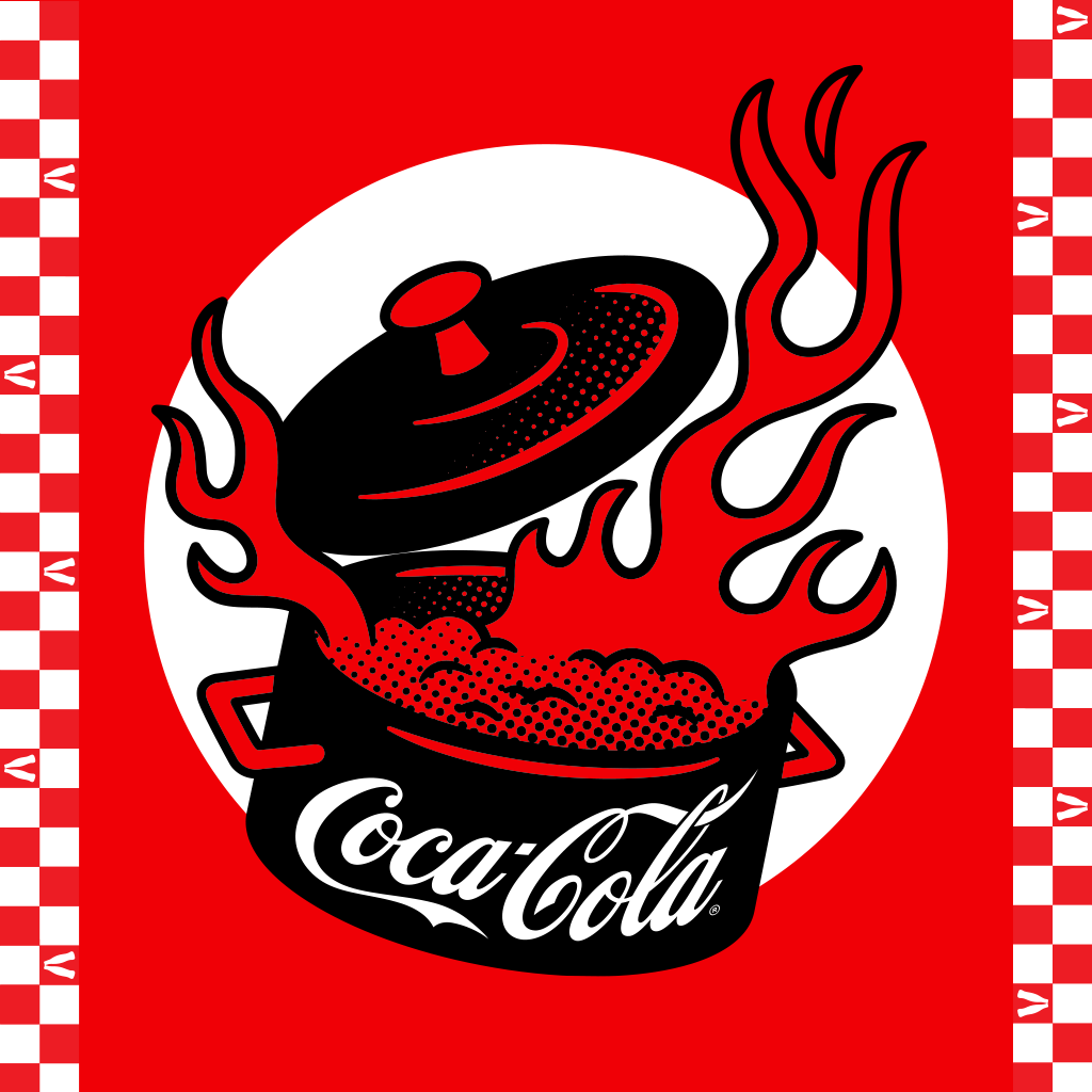 Iliustracija su garuojančiu juodu puodu su „Coca‑Cola“ logotipu ir raudonomis liepsnomis ryškiai raudoname fone.