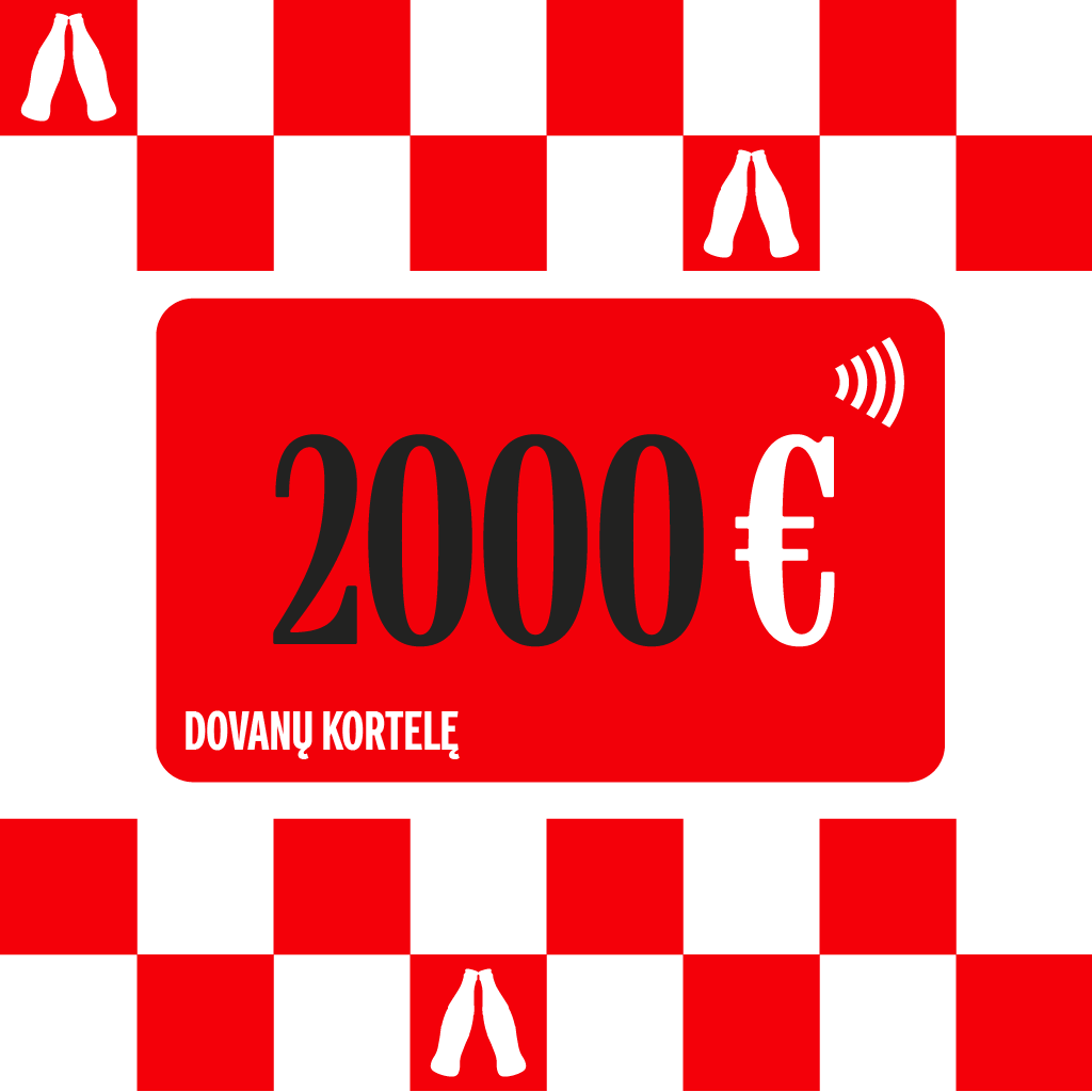 Raudonai baltame languotame fone centre matoma raudona dovanų kortelė su užrašu „2000 €“.