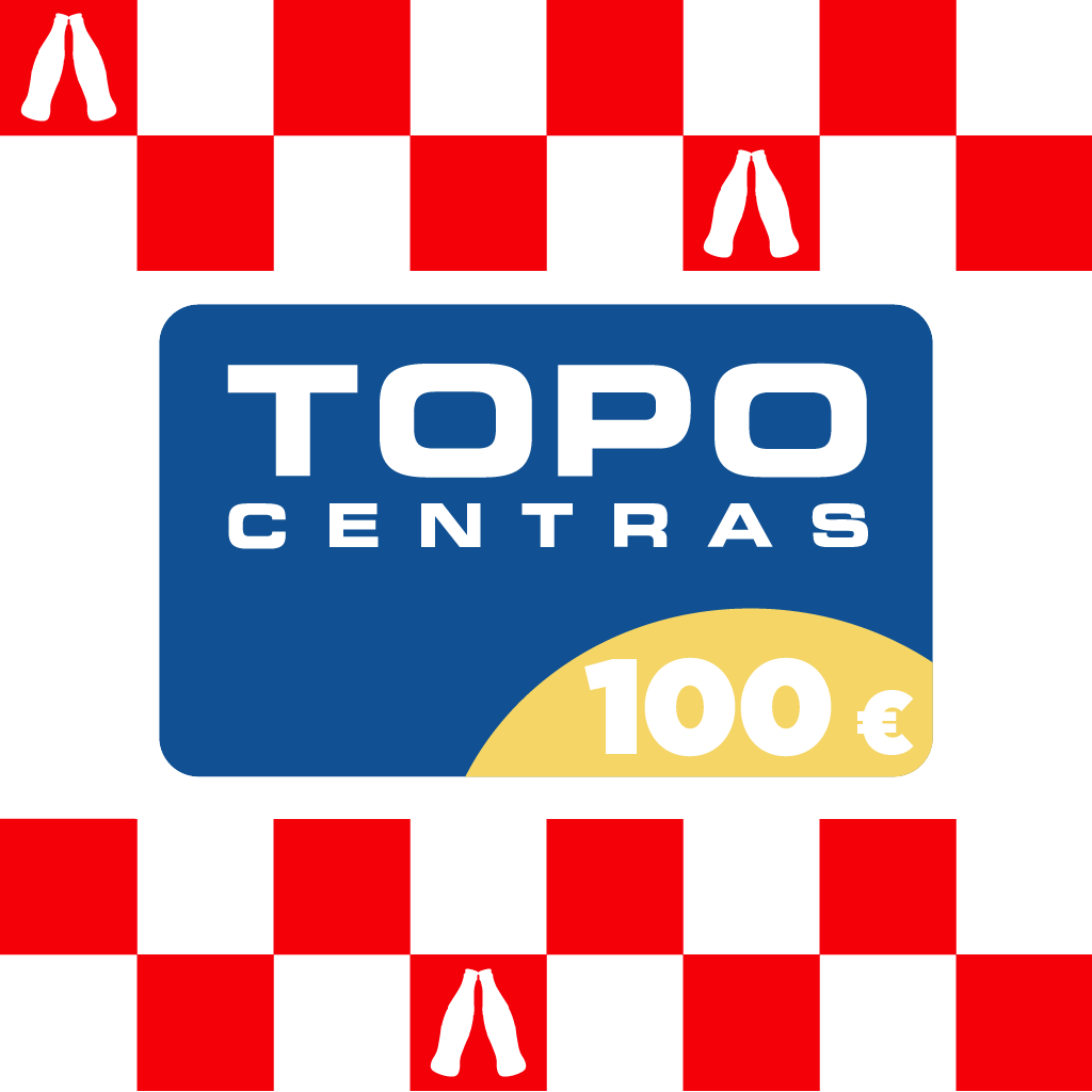 Raudonai baltame languotame fone centre matoma mėlyna „Topo centras“ dovanų kortelė su 100 € verte.