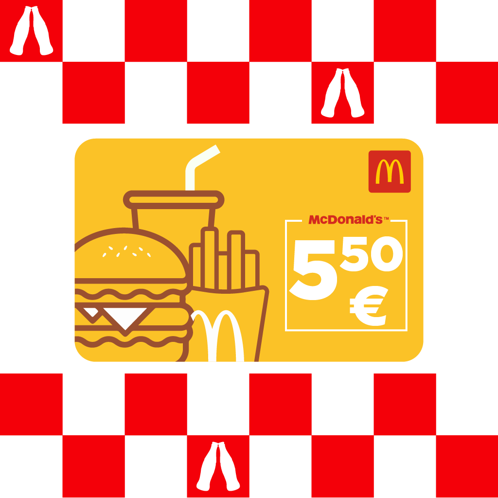 Raudonai baltame languotame fone centre pavaizduota geltona „McDonald’s“ dovanų kortelė su 50 € verte.