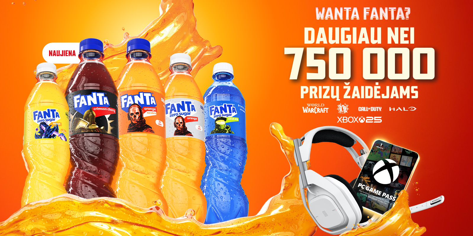 „Fanta“ reklaminis plakatas: keli „Fanta“ buteliai, žaidimų ausinės ir žinutė apie 750 000 prizų.