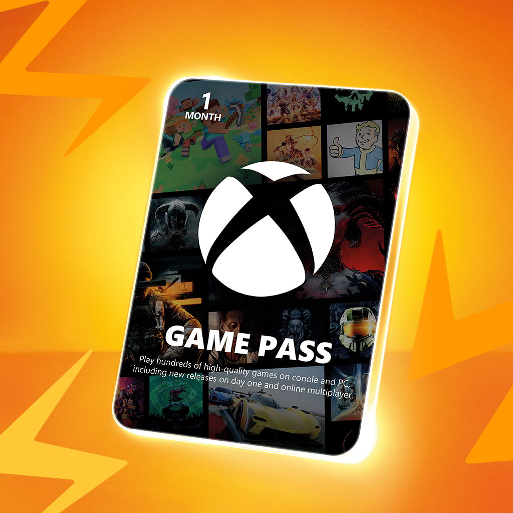 „Xbox Game Pass“ prenumeratos kortelė ryškiame geltoname fone.
