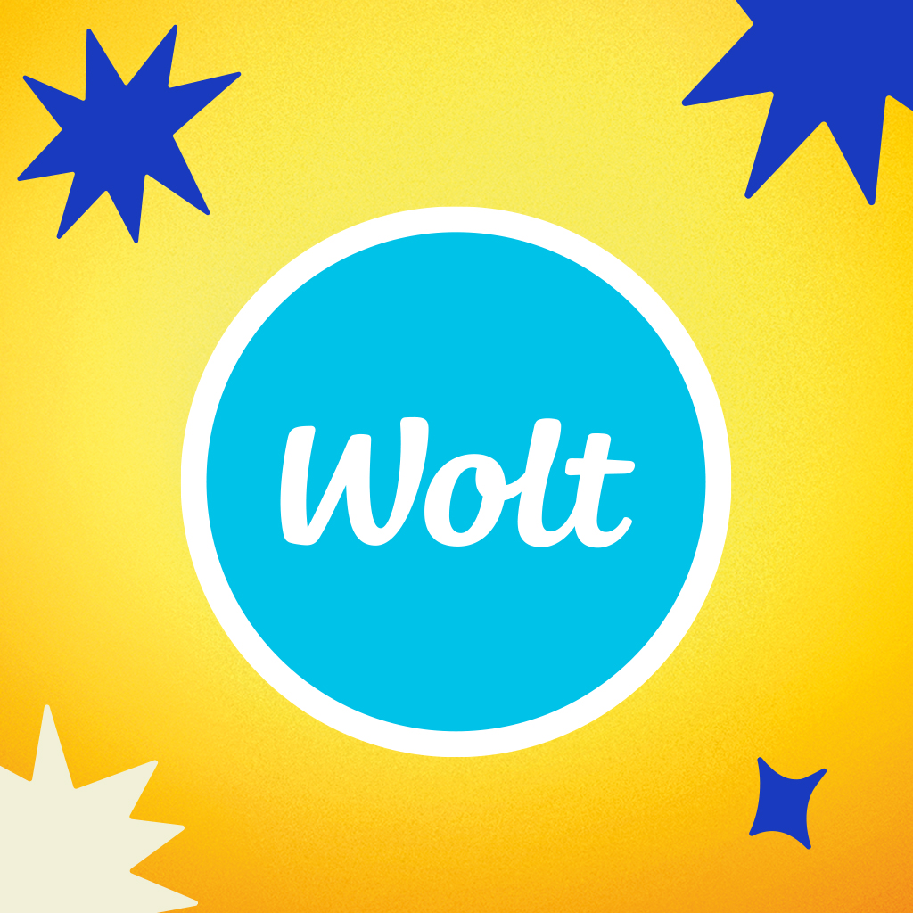 „Wolt“ logotipas ryškiame geltoname fone.