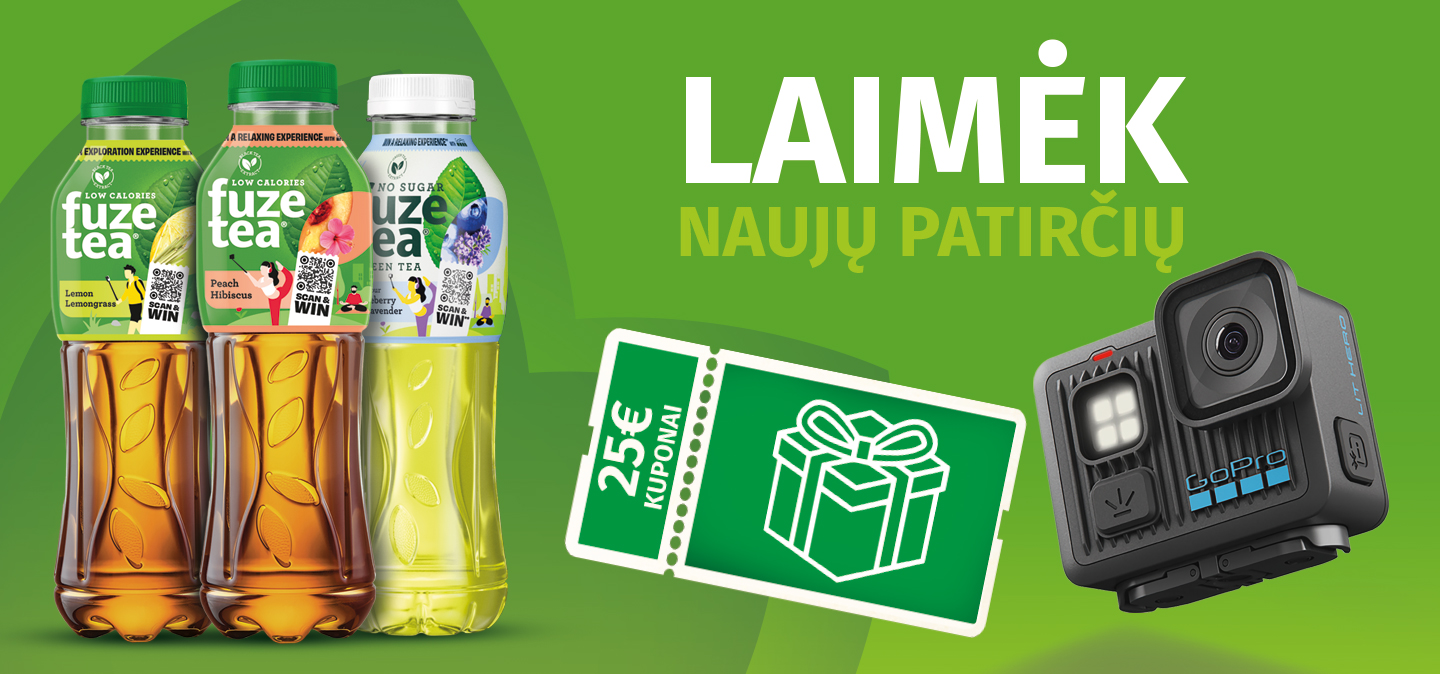 „FuzeTea“ akcijos reklaminis skydelis su gėrimais ir kamera.