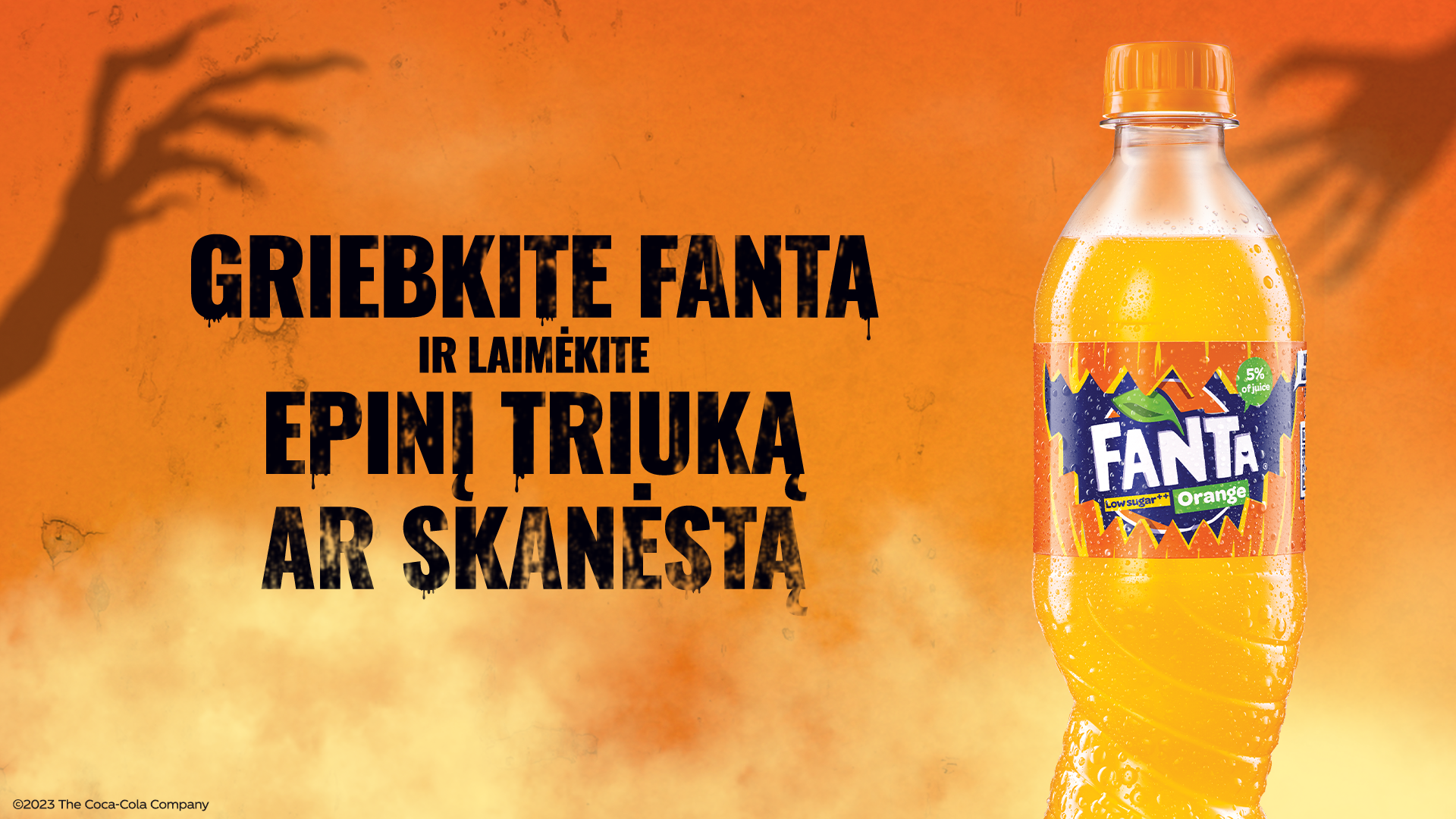 Bottle of Fanta with scary image and text to grab a Fanta to win epic tricks or treats