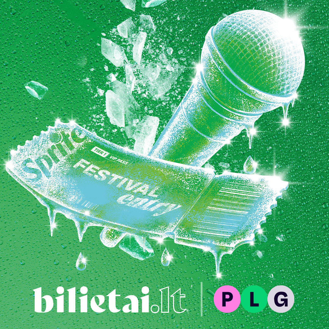 Žalias festivalio plakatas su mikrofonu ir bilietų stalu.