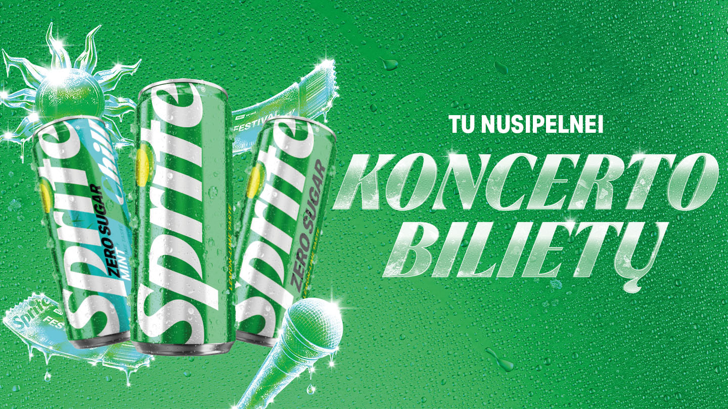 Žalias reklaminis baneris su koncertų bilietais.