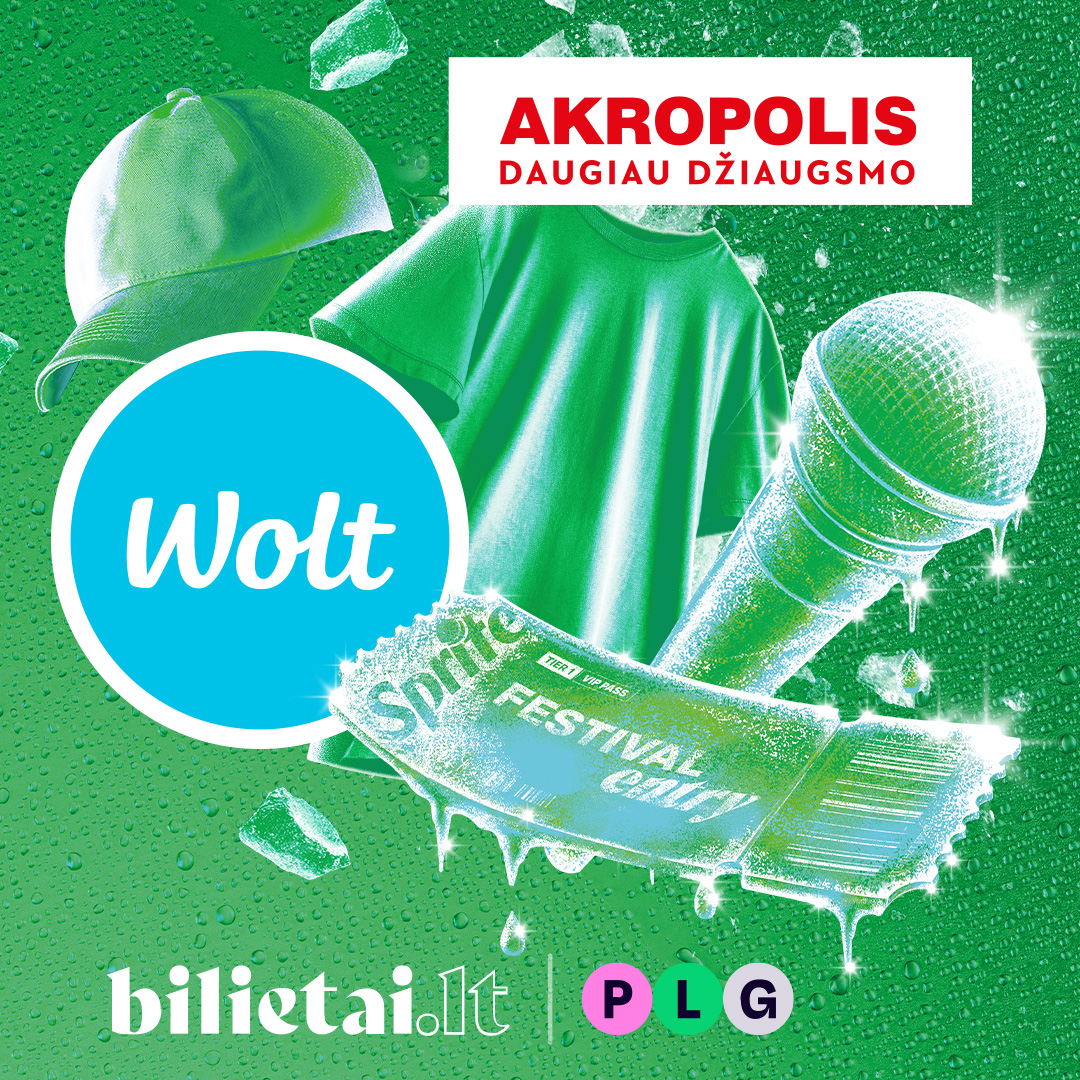 Žalias festivalio plakatas su mikrofonu ir „Wolt“ logotipu.