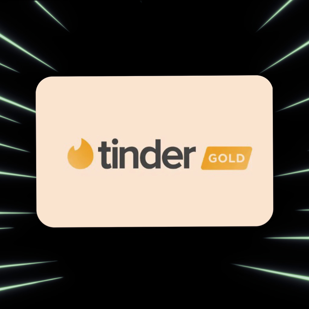 „Tinder Gold“ logotipas šviesiame fone su tamsiu, spinduliais dekoruotu fonu.