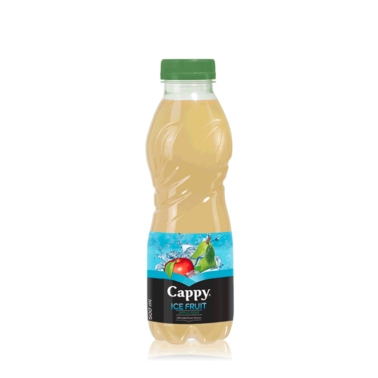 negāzēts ābolu-bumbieru sulas dzēriens ar plūškoka ziedu aromātu plastmasas pudelē