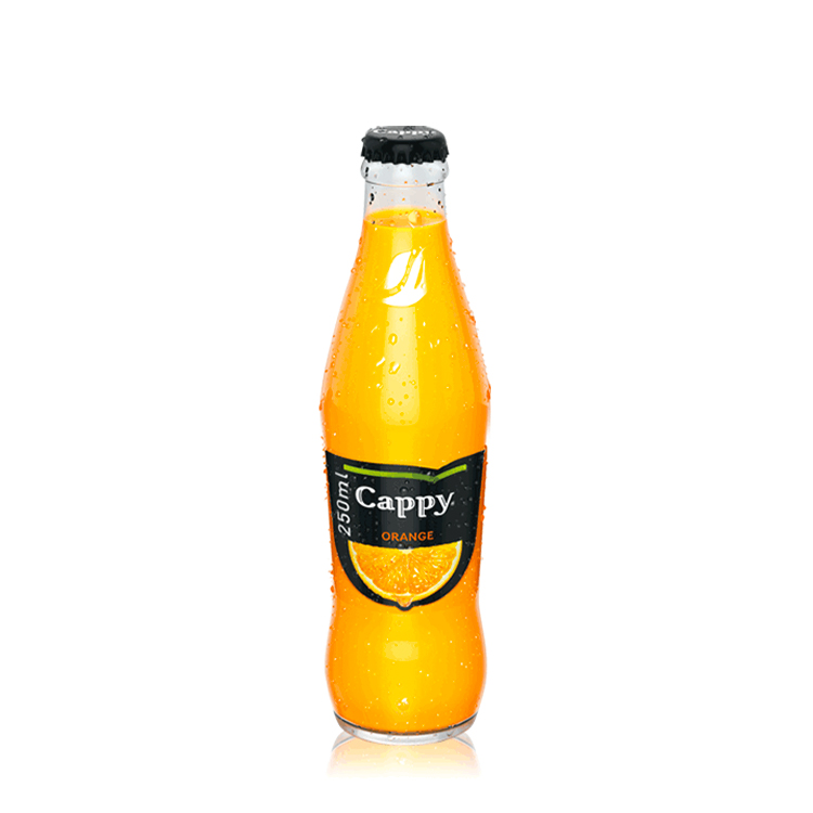 pasterizēta apelsīnu sula no koncentrāta cappy orange stikla pudelē