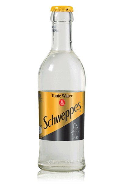 gāzēts dzēriens schweppes tonic stikla pudelē ar dzeltenmelnu etiķeti