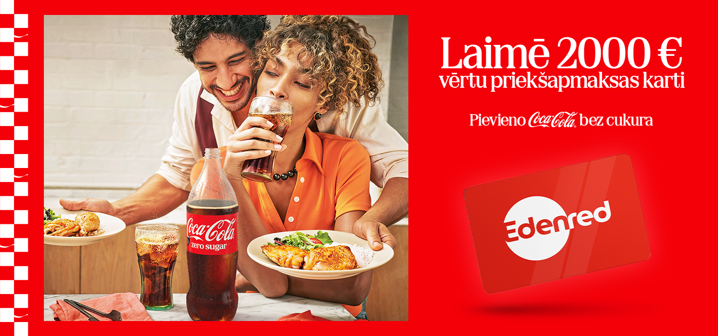 Cilvēki bauda Coca-Cola Zero Sugar kopā ar maltīti un reklāmas tekstu par iespēju laimēt 2000 € vērtu Edenred priekšapmaksas karti.