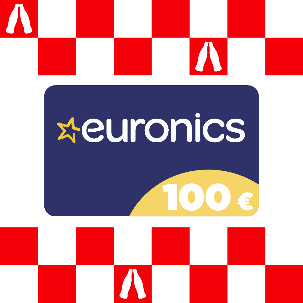 Sarkanbalta rūtojuma fonā centrā redzama zila Euronics dāvanu karte ar logotipu un vērtību 100 €.