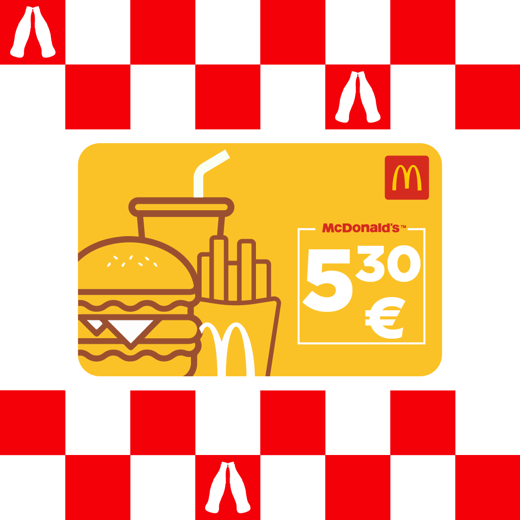 Sarkanbalta rūtojuma fonā centrā redzama dzeltena McDonald’s dāvanu karte ar burgera, frī kartupeļu un dzēriena ilustrācijām un vērtību 50 €.
