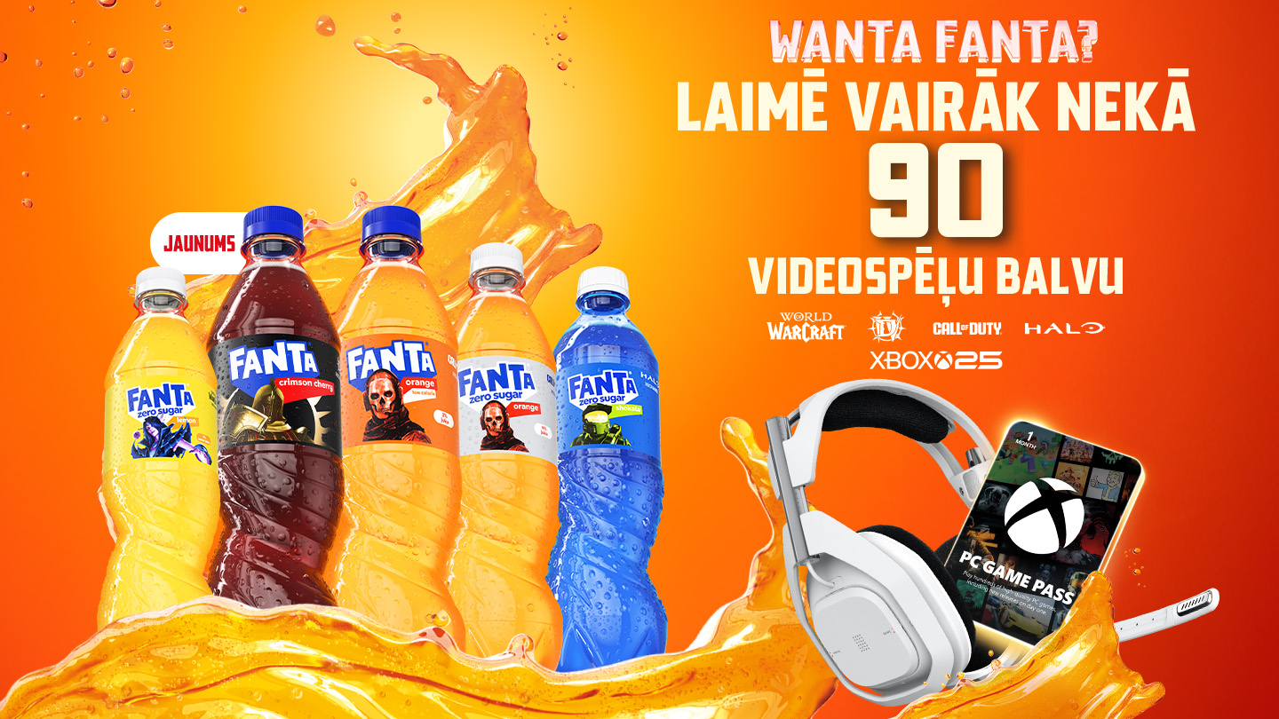 Fanta dzērienu reklāma ar dažādām pudelēm un piedāvājumu laimēt videospēļu balvas un Xbox Game Pass.