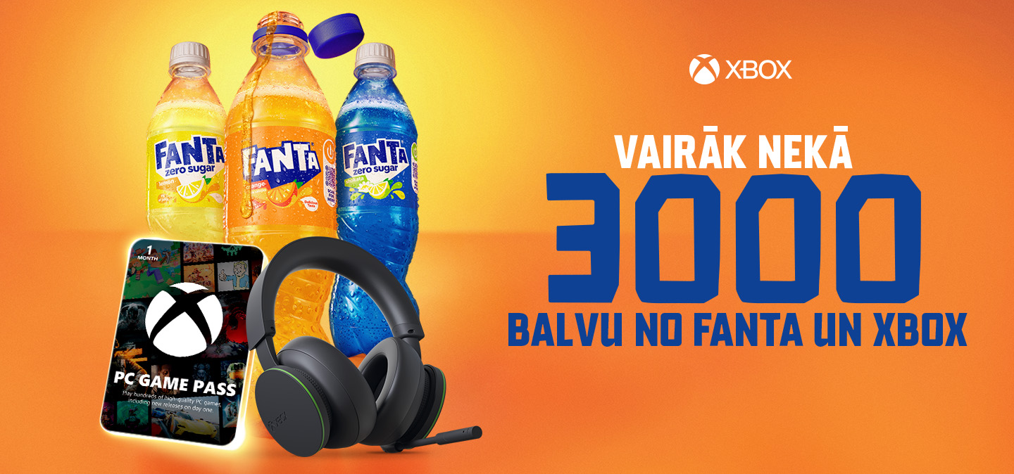 Reklāmas attēls ar Fanta pudelēm, Xbox balvām un kampaņas tekstu par iespēju laimēt vairāk nekā 3000 balvu.