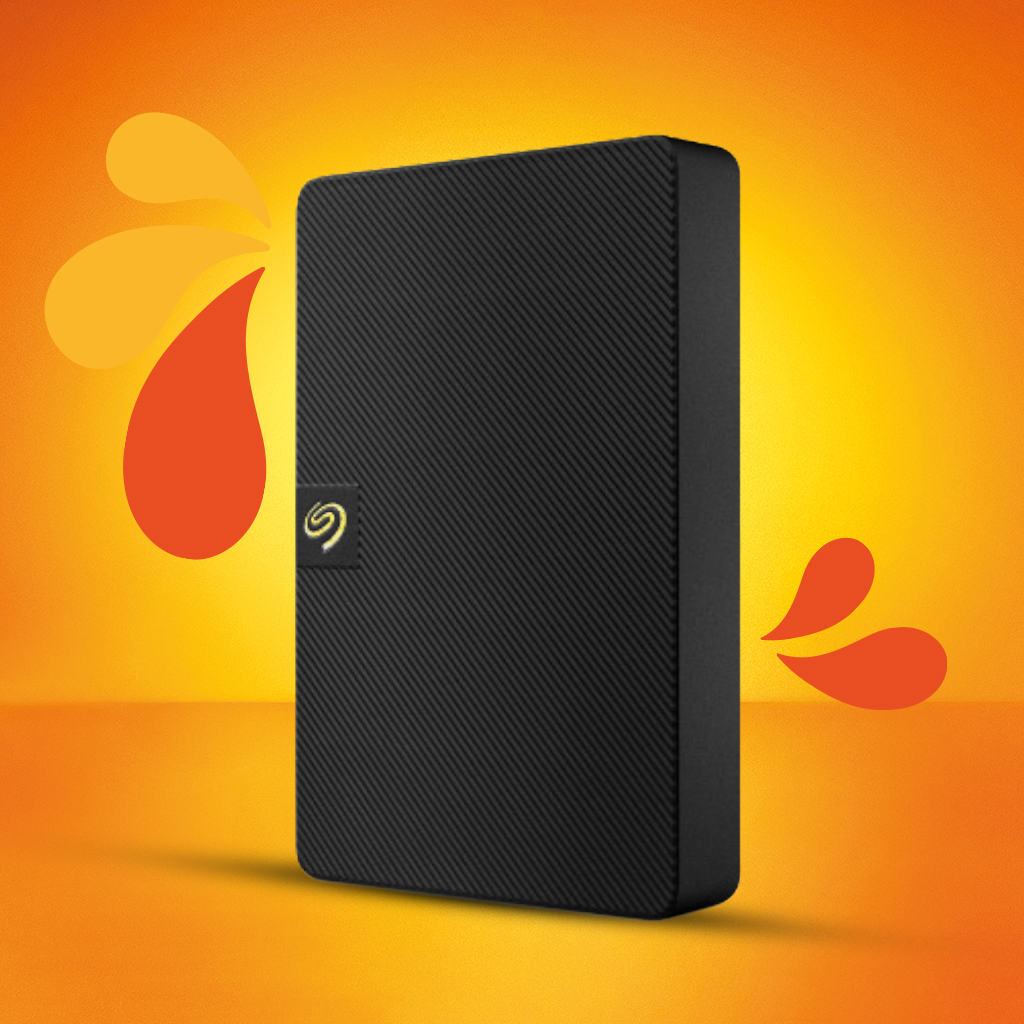 Melns ārējais cietais disks uz koša dzeltena fona.