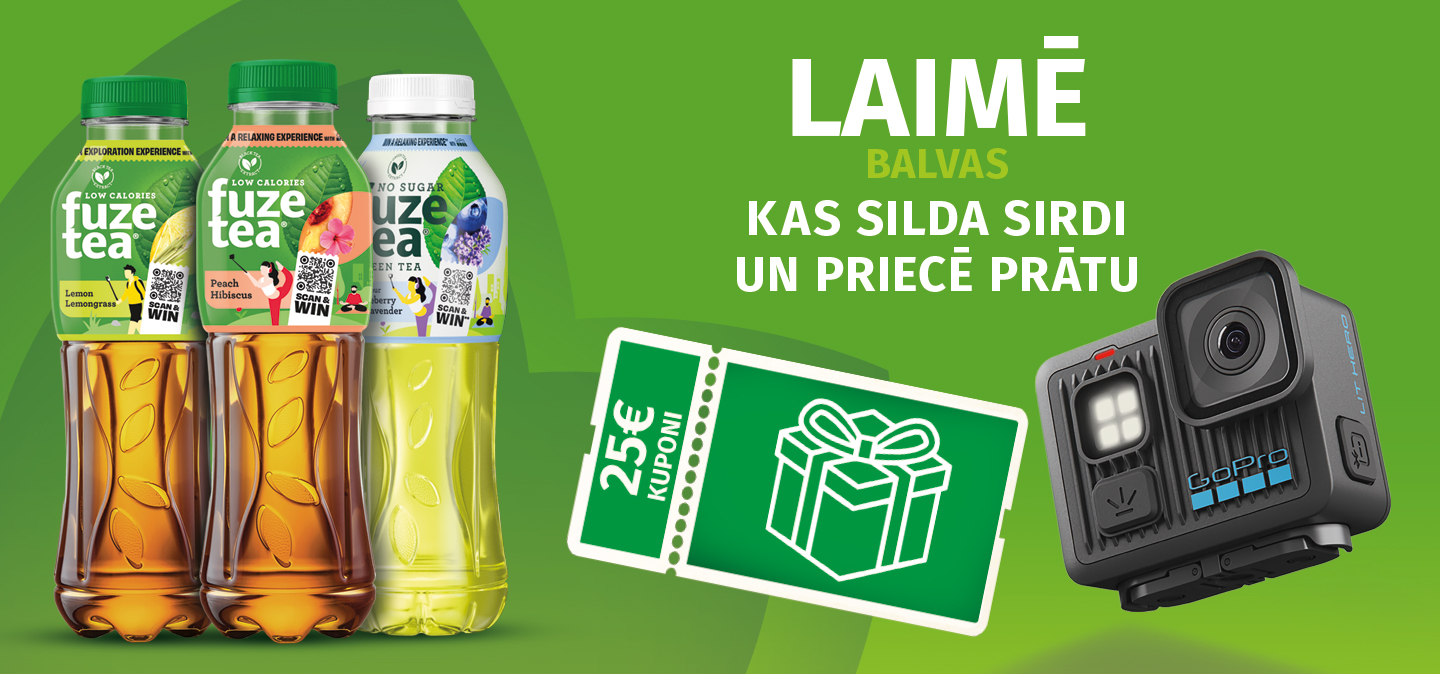 FuzeTea reklāmas baneris ar dzērieniem un iespēju laimēt balvas.