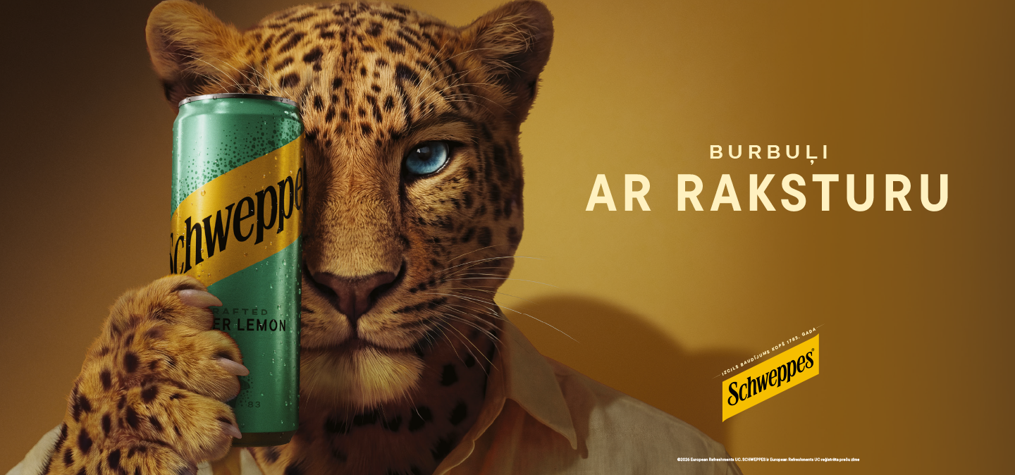 Leopards tur Schweppes skārdeni uz zeltaina fona.