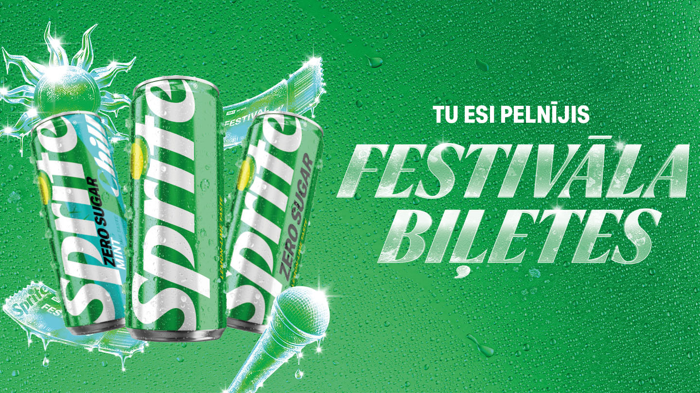 Sprite dzērienu reklāma ar festivāla biļešu tēmu uz zaļa fona.