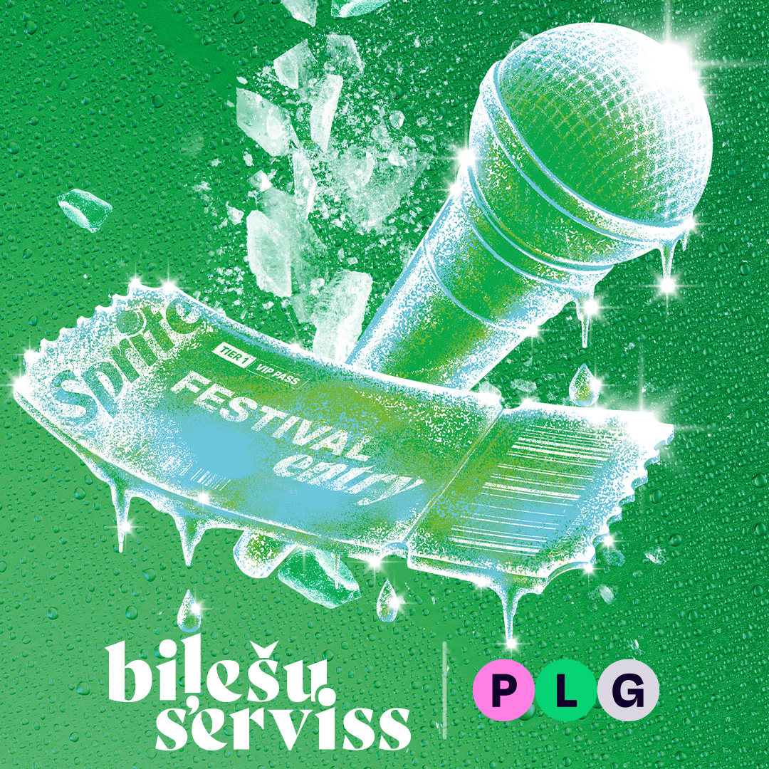 Zaļš festivāla plakāts ar dzirkstošu mikrofonu