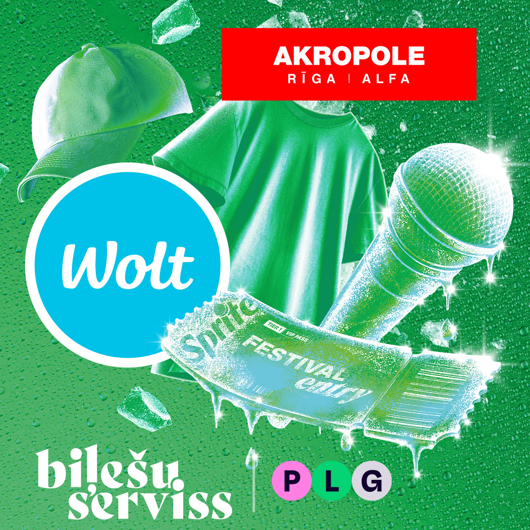 Sprite festivāla balvu vizuālis ar Wolt, Akropole un Biļešu serviss logotipiem.