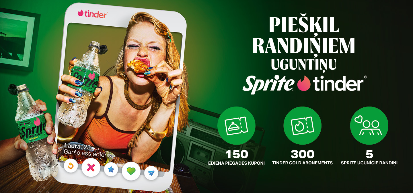 Reklāmas attēls ar Tinder profilu, Sprite pudelēm un akcijas informāciju zaļā fonā.