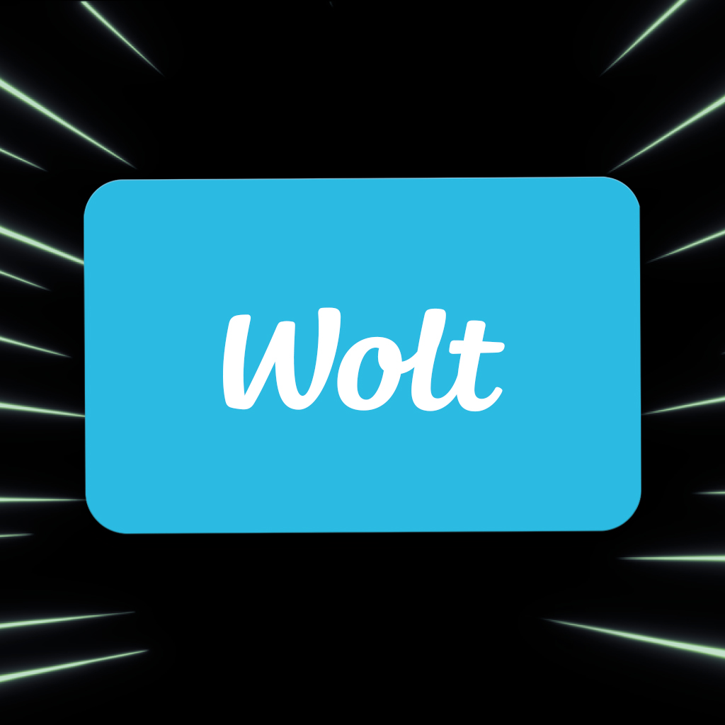 Zila kartīte ar Wolt logotipu uz tumša fona.