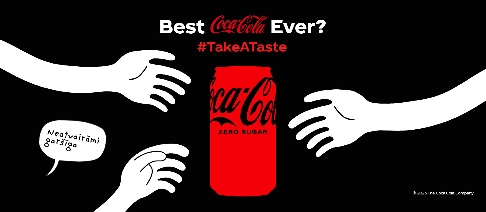 coca-cola zero bez cukura ar 3 baltām rokām uz melna fona