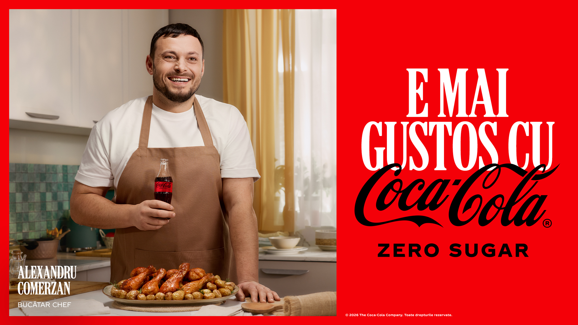 Desen cu Santa care bea dintr-o sticlă de Coca-Cola, pe un fundal rosu