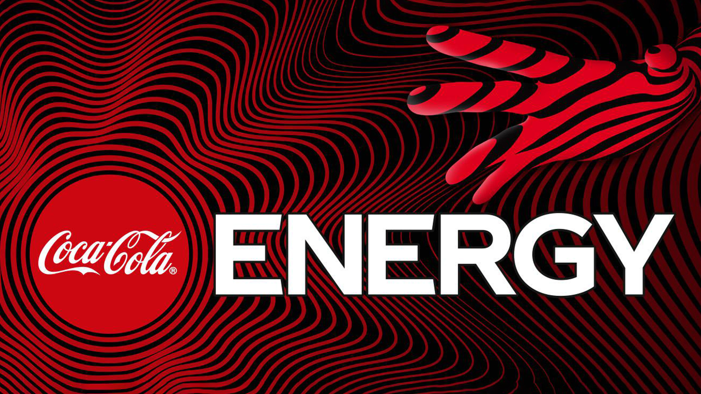 Logo de Coca-Cola Energy, în roșu și negru, cu o mână întinsă