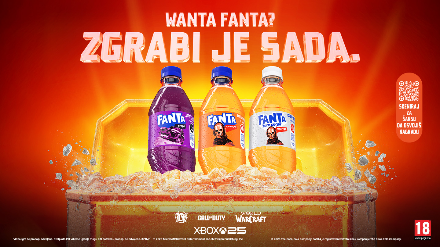 Промотивна реклама за Fanta со различни вкусови на пијалаци поставени во ладилник со мраз, опкружени со логоа на популарни видеоигри и слоган „Wanta Fanta? Грабни сега.“