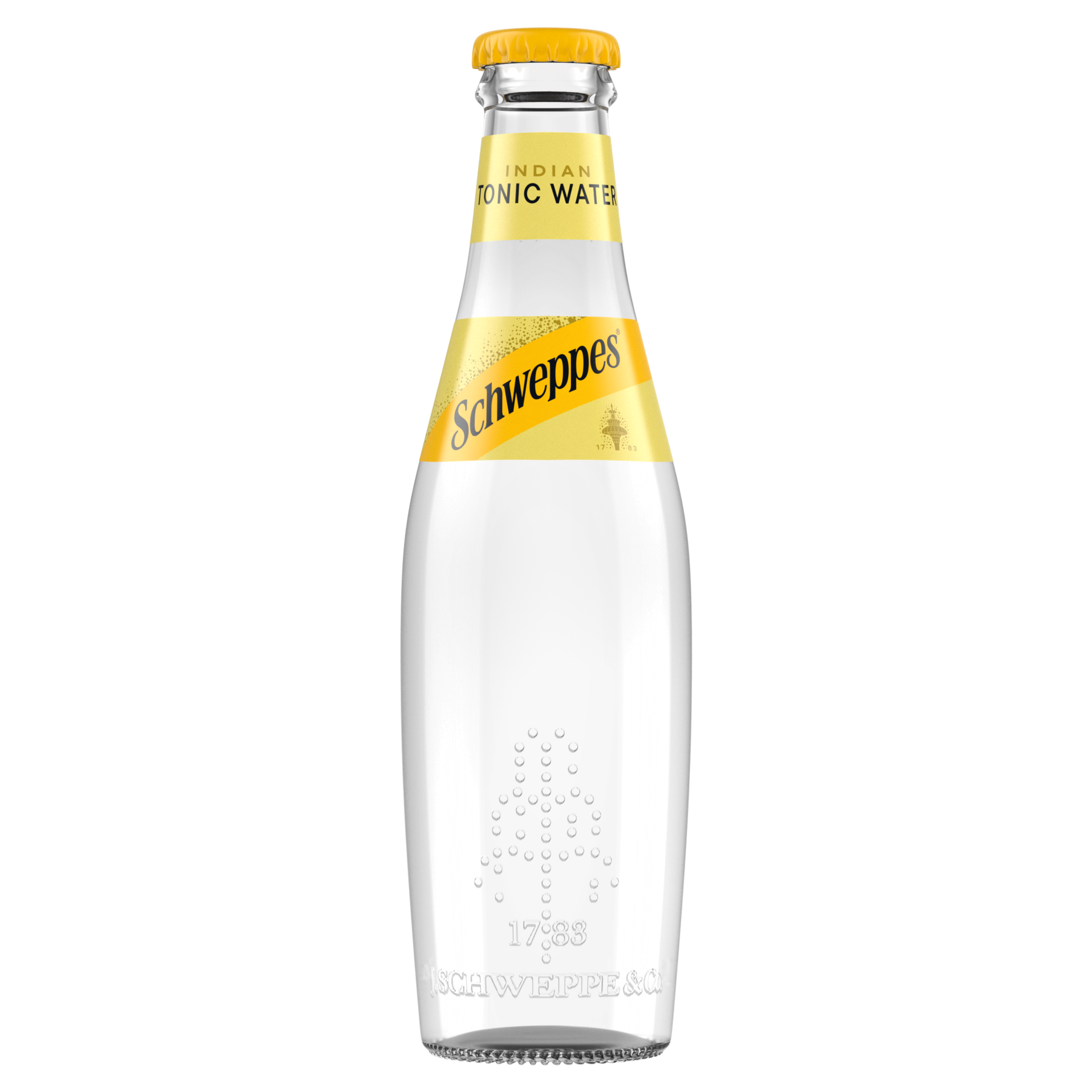 Staklena flaša Schweppes Indian Tonic Water sa žutim zatvaračem i prozirnom tečnošću