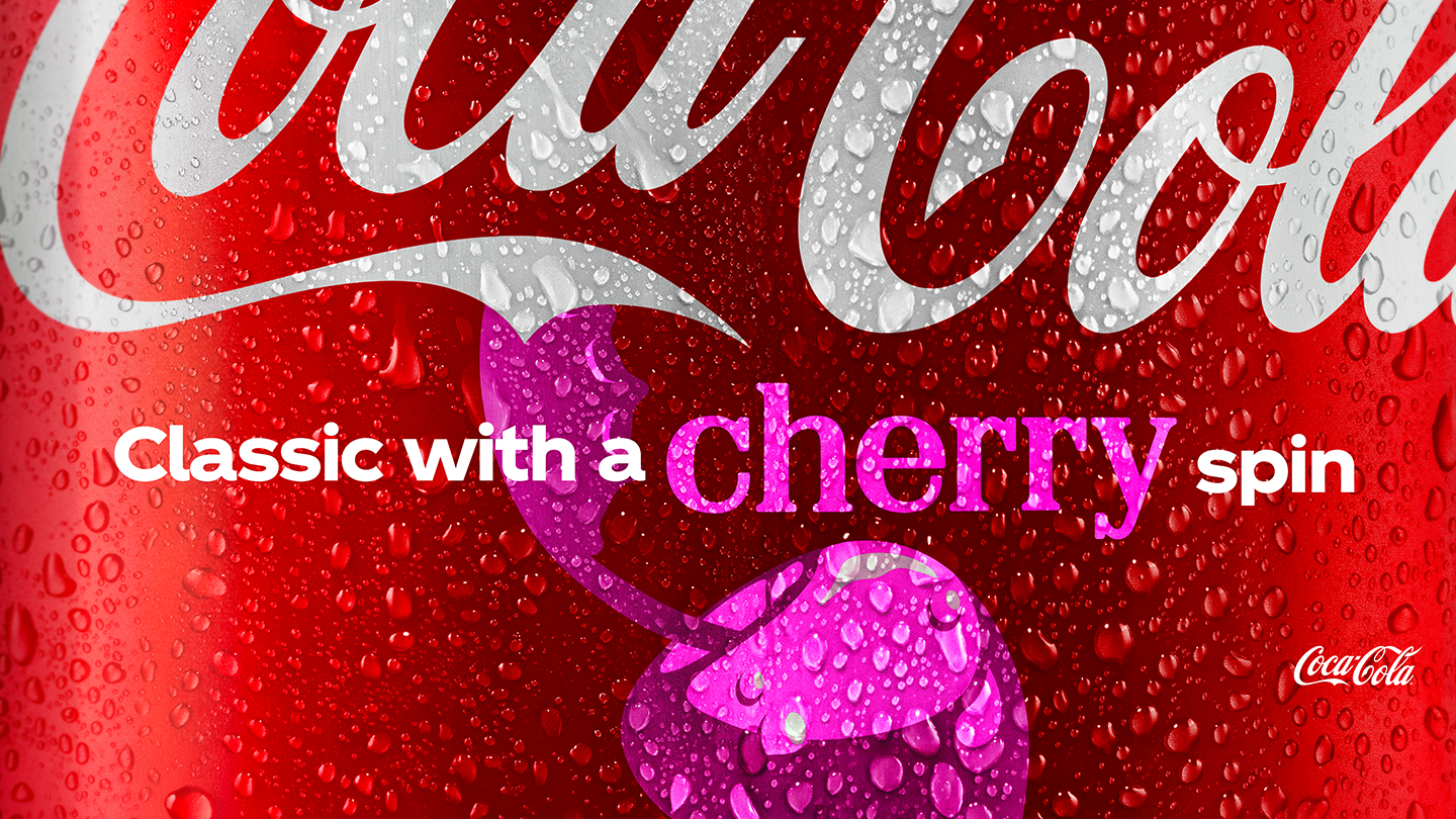 Pika të gazuara me tekst për shijen e re Coca-Cola Cherry.