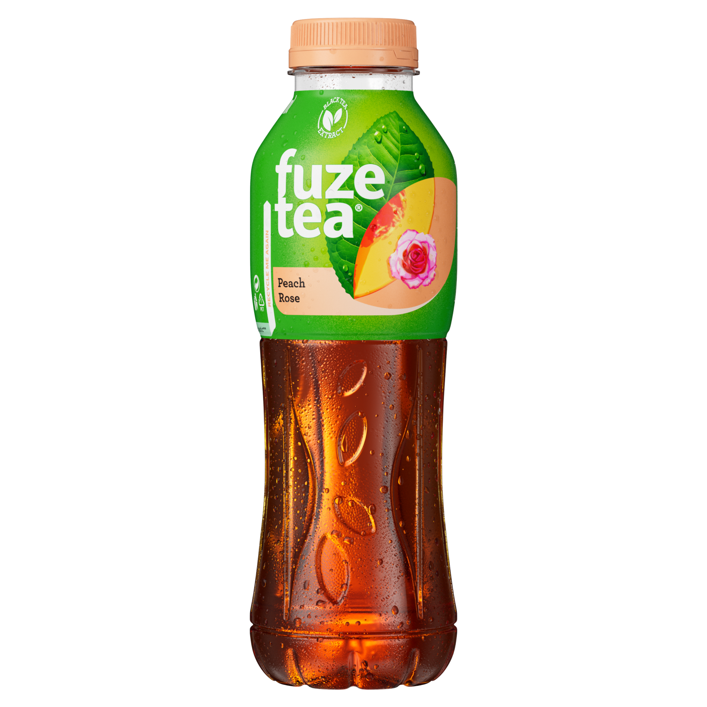 Шише Fuze Tea црн чај со вкус праска и ружа на бела позадина.
