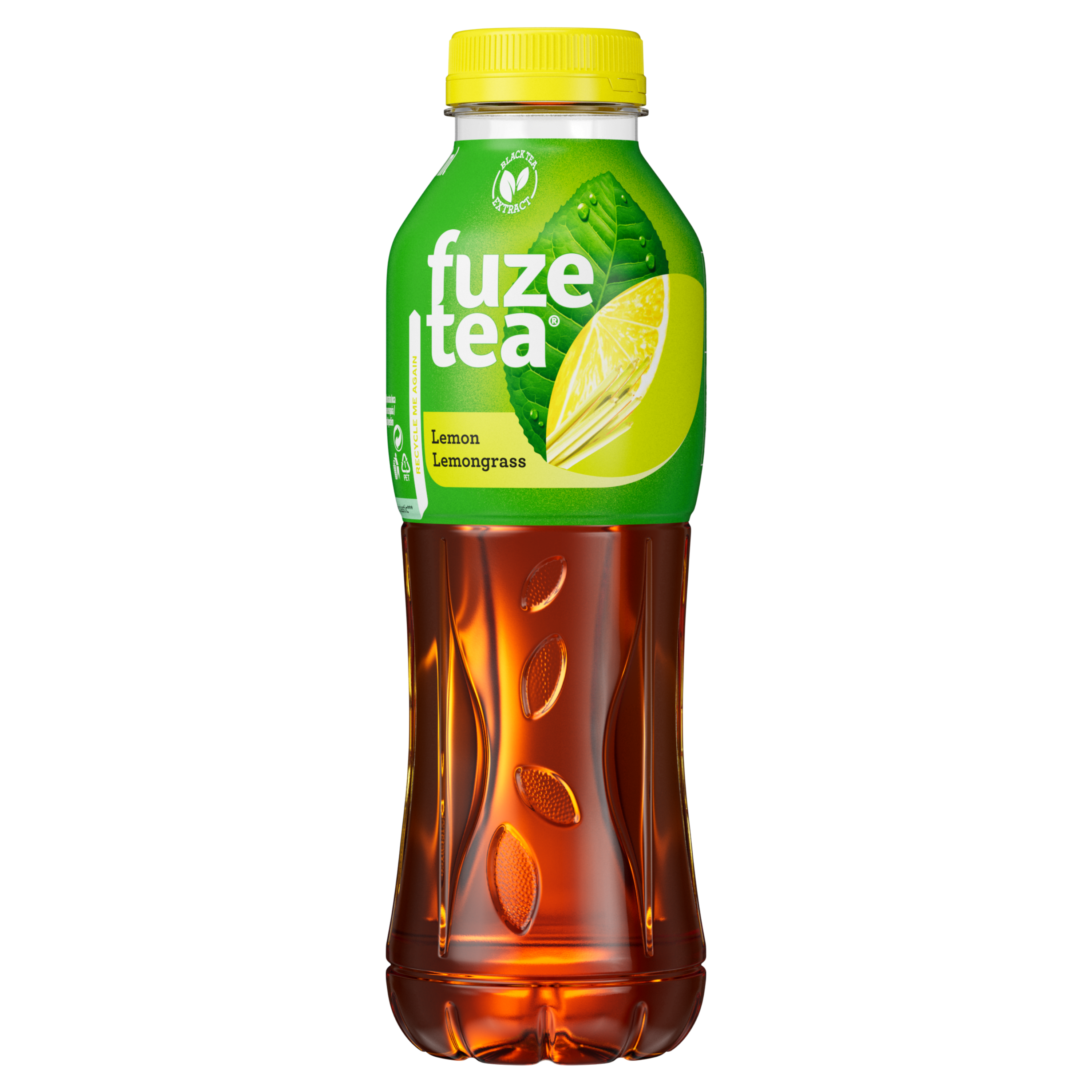 Шише Fuze Tea црн чај со вкус лимон и лемонска трева на бела позадина.