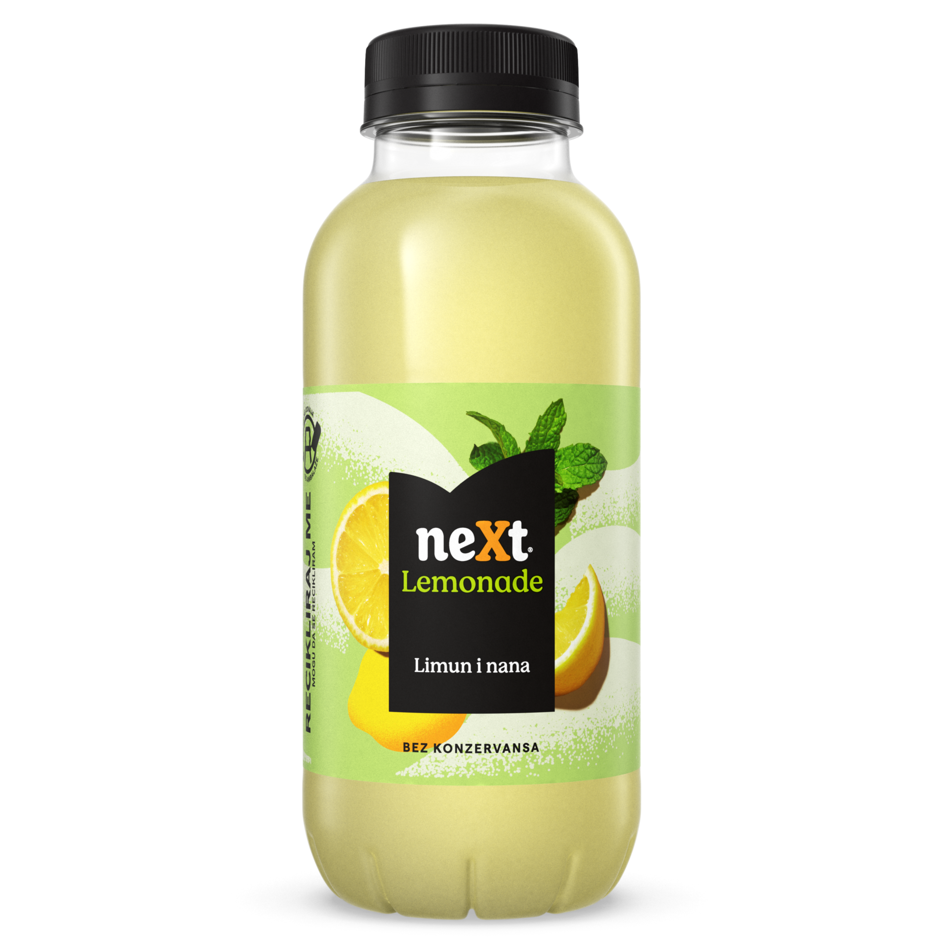 Шише Next Lemonade со вкус лимон и нана на бела позадина.