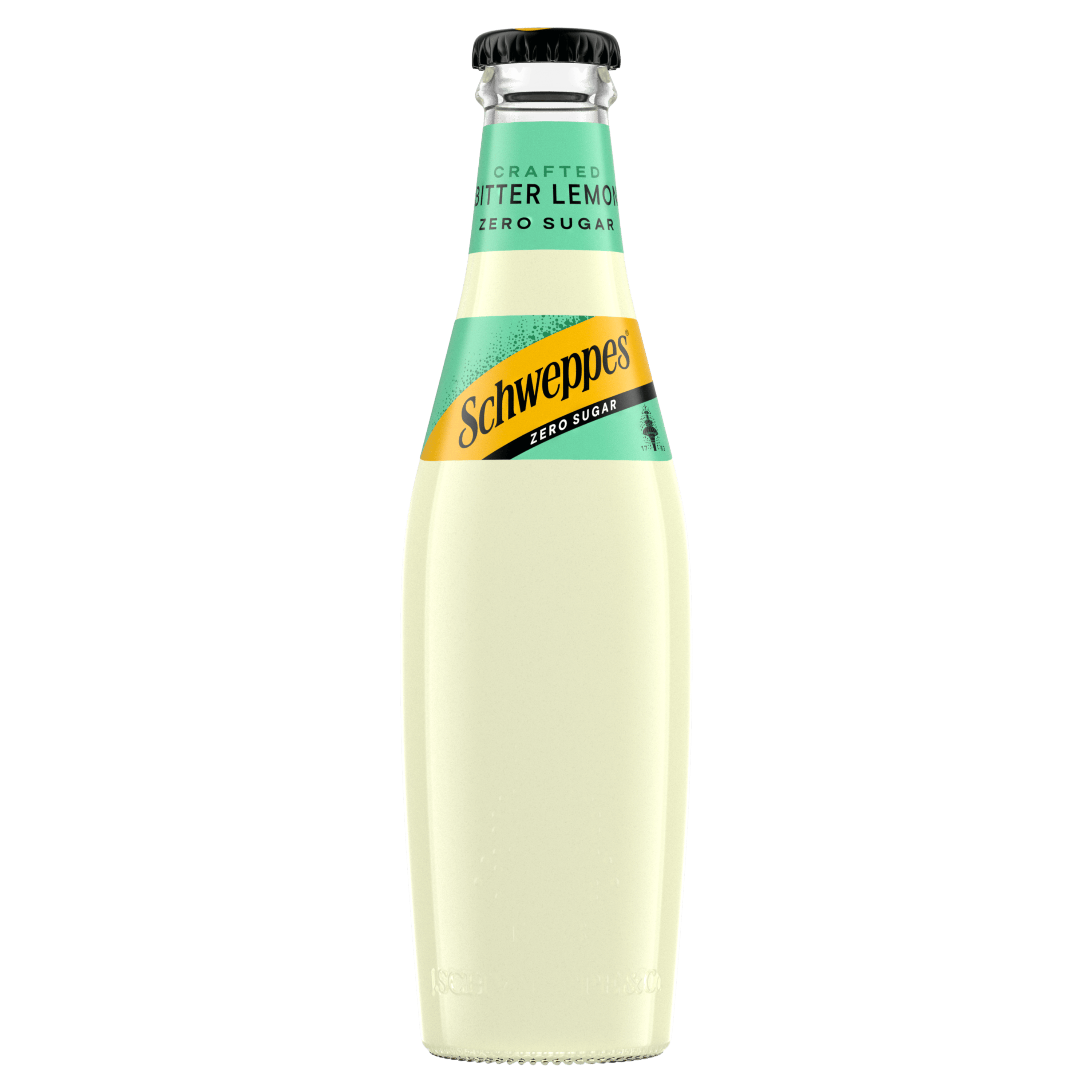 Шише Schweppes Bitter Lemon Zero Sugar со светложолта течност.