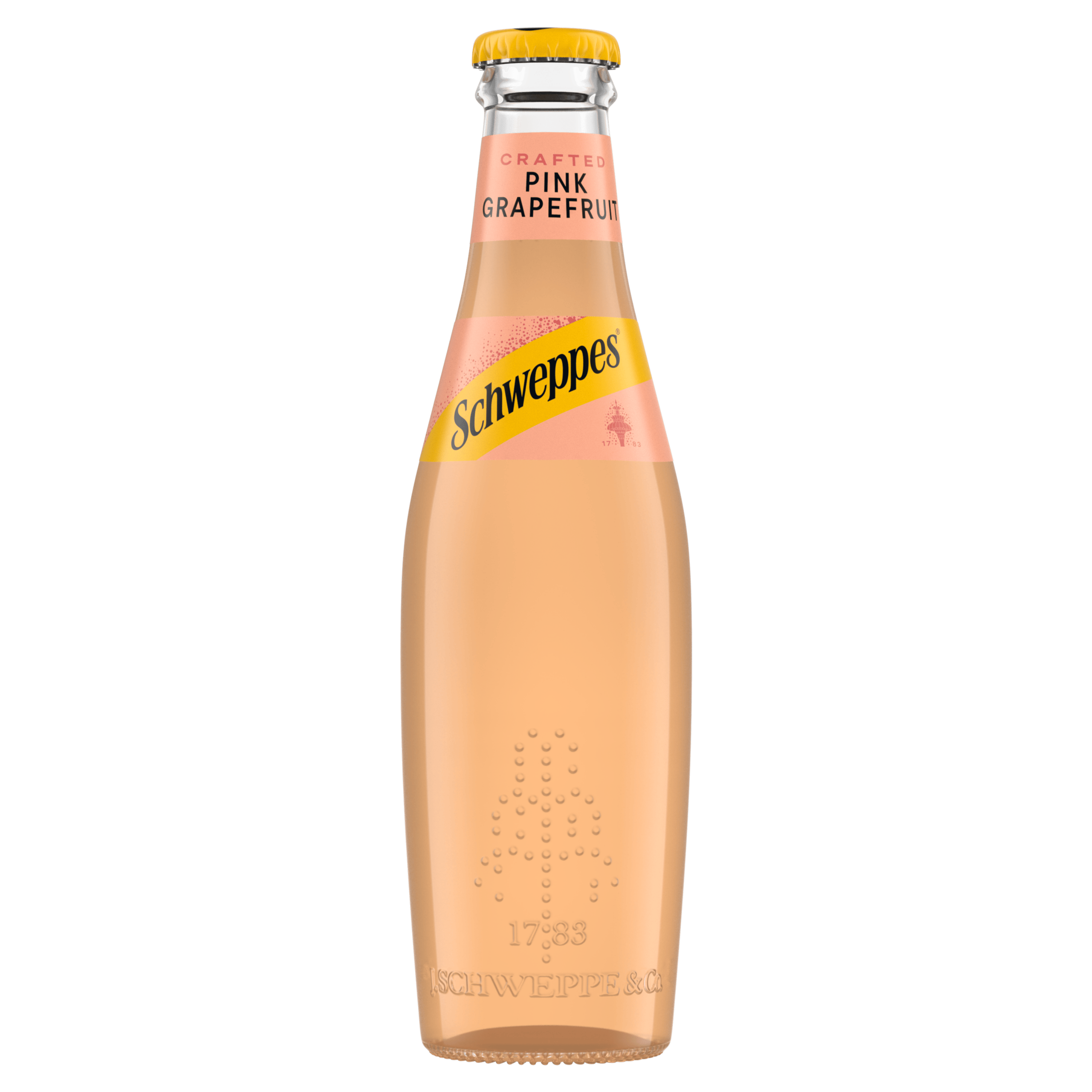 Шише Schweppes Pink Grapefruit со жолта капачка и розева течност.