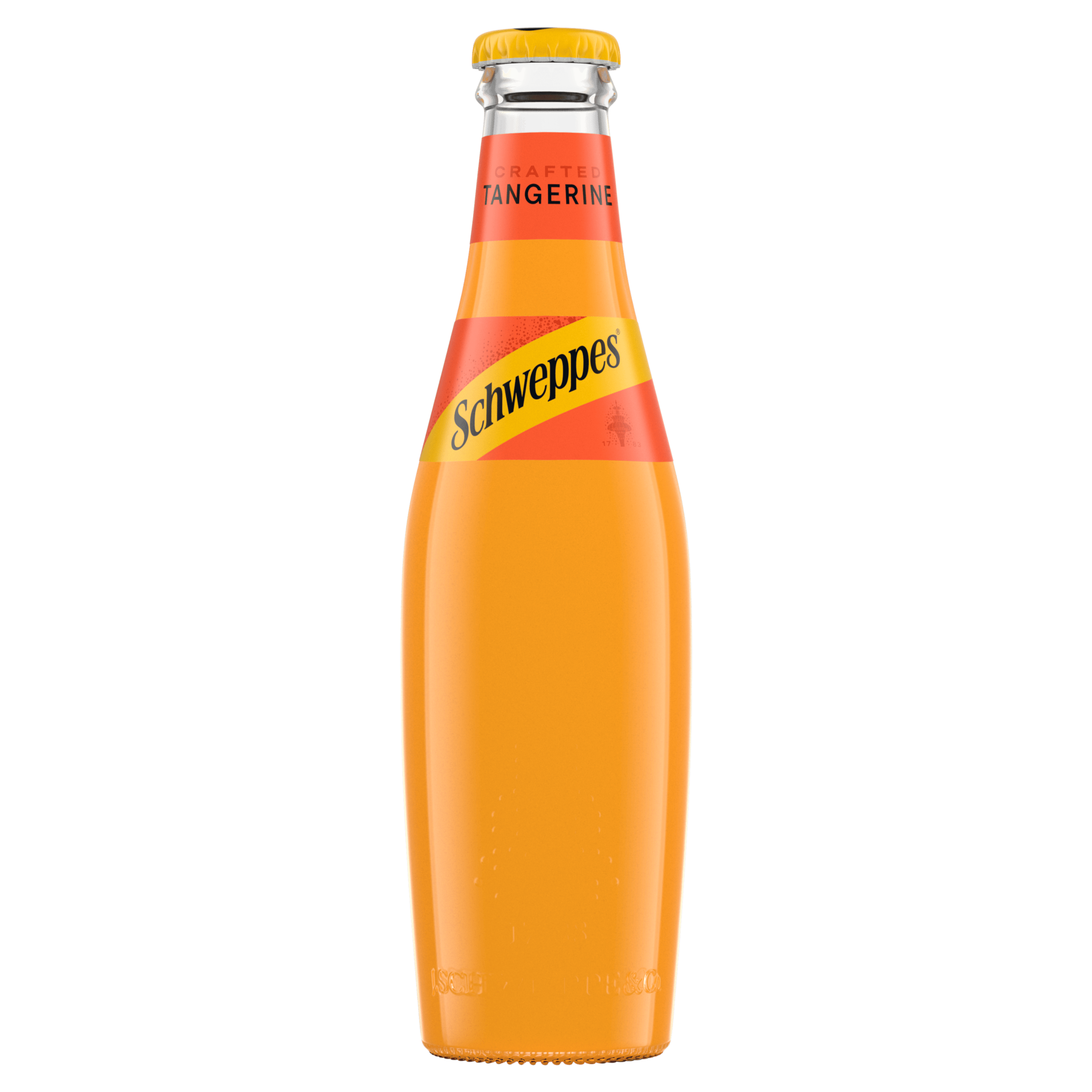 Шише Schweppes Tangerine со жолта капачка и портокалова течност.