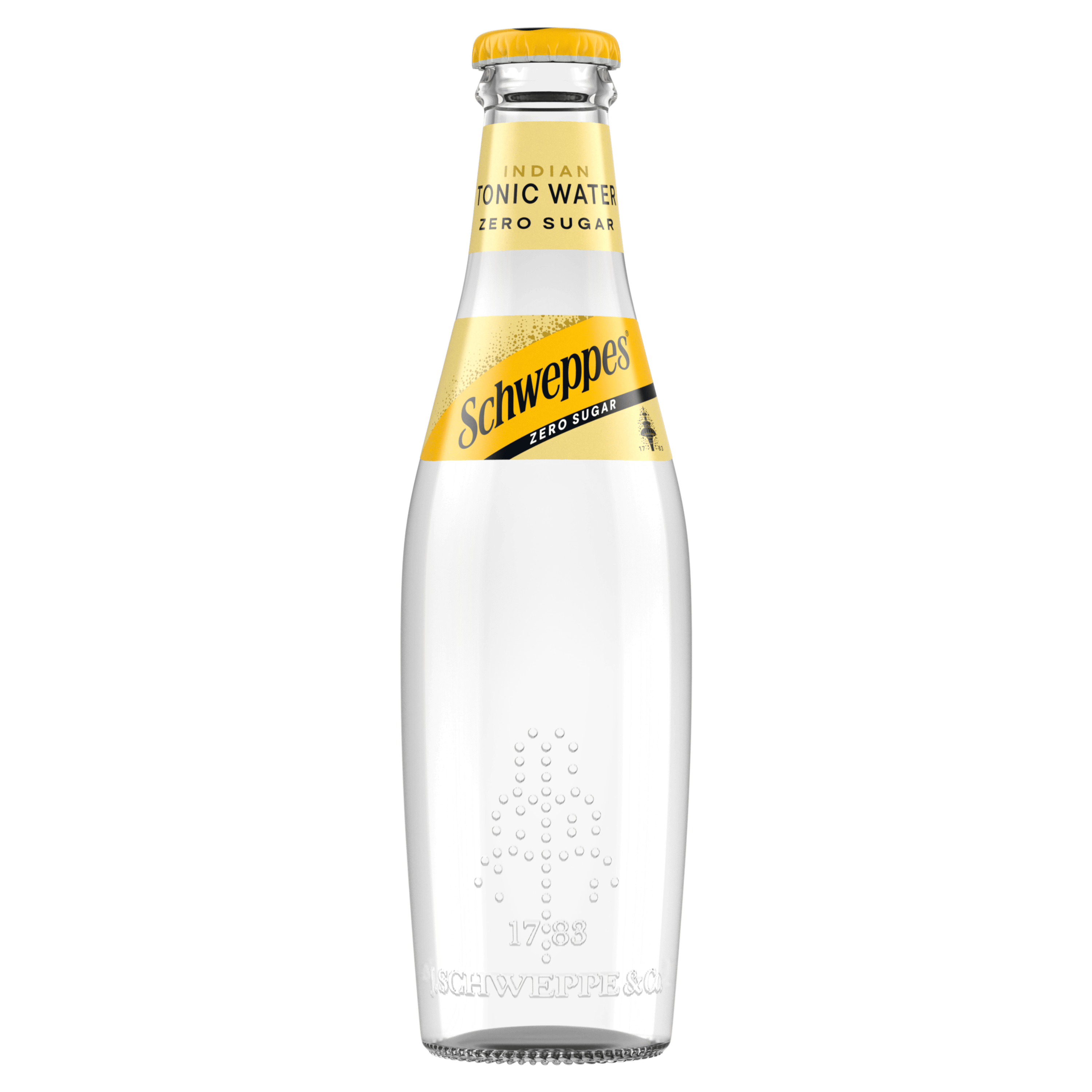 Шише Schweppes Indian Tonic Water Zero Sugar со жолта капачка.