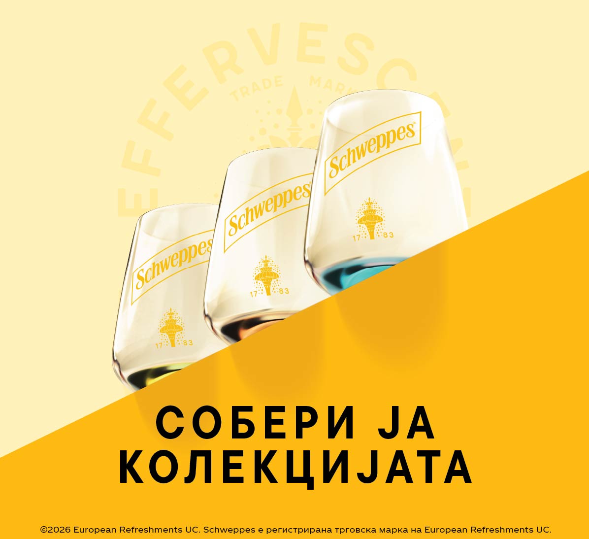 Čaše Schweppes na žutoj pozadini